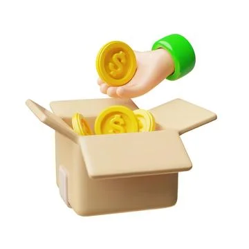 3d vector of open cardboard box with gold coins and hand. Donation and charity Stock Illustration