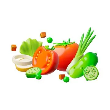 3D vector organic vegetables, tomato, cucumber, onion, whole and sliced. Stock Illustration