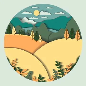 3d vector paper cut landscape with mountains, hills, field, tree, forest, l.. Stock Illustration