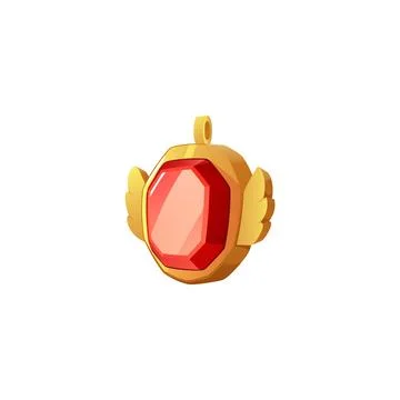 3D vector pendant of a red stone surrounded by a gold frame with wings. Isolated Stock Illustration