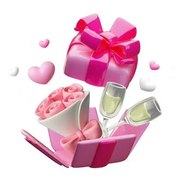 3D vector pink gift box with rose flowers and glasses with champagne, romantic Stock Illustration