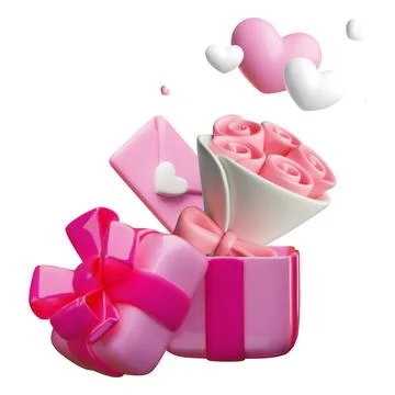 3D vector pink gift box with rose flowers bouquet and envelope, romantic event Stock Illustration