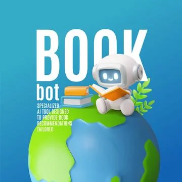 3D vector poster with chatbot sitting on planet Earth with a book in hand. Stock Illustration