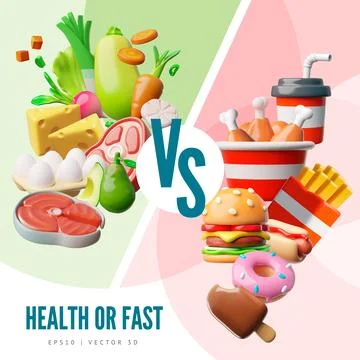 3D vector poster comparing healthy food vs. fast food. Stock Illustration