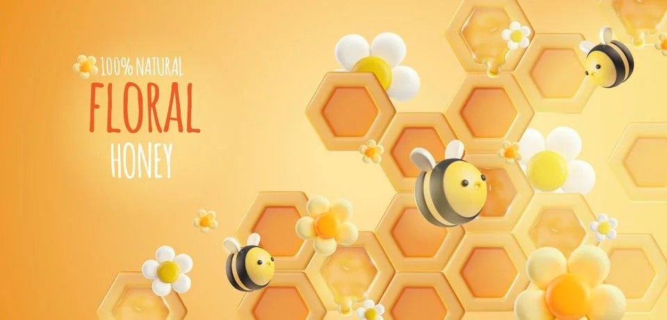 3d vector poster with the image of flower honey, bees and honeycombs. Illustrazione stock