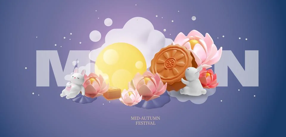 3D vector poster of rabbits with moon cake and lotus flowers for the mid-autumn Stock Illustration