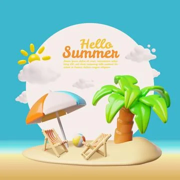 3D vector poster with round frame, tropical island and hello summer time Stock Illustration