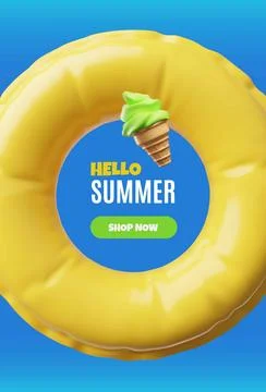 3D vector poster with round frame made of lifebuoy, yellow color with ice cream Stock Illustration