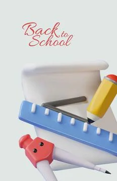 3D vector poster with school supplies: piece of paper, pencil, ruler and compass 스톡 일러스트