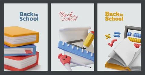 3D vector poster set with books, notebook and school supplies, back to school. イラスト素材