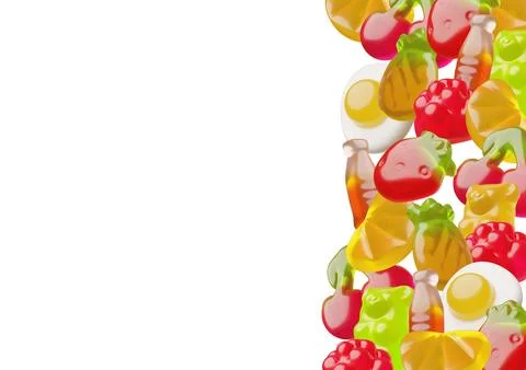 3D vector poster with side border made of gummy candies in different shapes. Stock Illustration