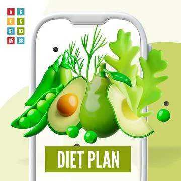 3D vector poster of smartphone screen with vegetables, avocado, peas, greens Illustrazione stock