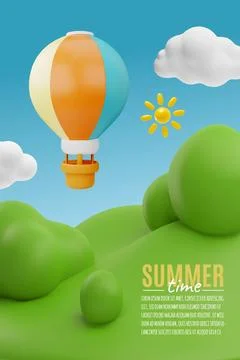 3d vector poster of a summer hot air balloon journey over grass and trees. 스톡 일러스트