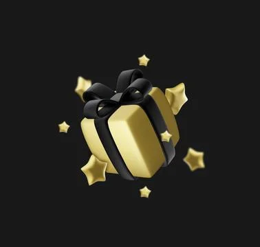 3d vector present gift with gold ribbon bow icon star explosion design. Plastic Stock Illustration