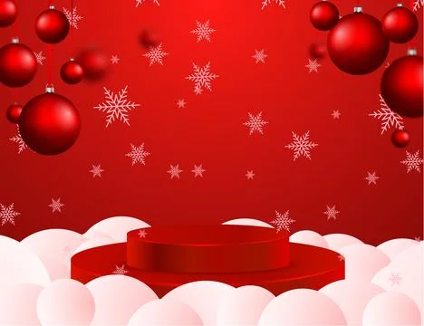 3D vector red pedestal strewn with snow drifts and snowflakes. Stock Illustration