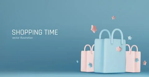 3d vector render online shopping bag using tags promotion or cash for future use Stock Illustration