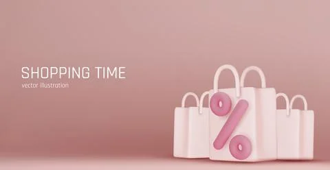 3d vector render online shopping bag using tags promotion or cash for future use Stock Illustration