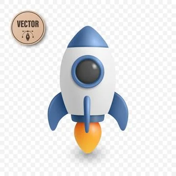 3d Vector Rocket. 3D Cartoon Rocket Icon with Fire Flame. Modern Rocket Design Stock Illustration