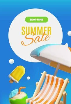 3D vector round frame summer sale poster with beach chair, umbrella, ice cream Stock Illustration