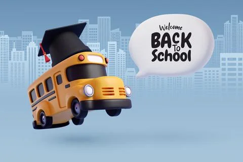 3d Vector of school bus with diploma cap in city. Stock Illustration
