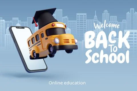 3d Vector of school bus with diploma cap jump out from smart phone to city Stock Illustration
