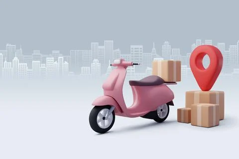 3d Vector Scooter with Box, Delivery Courier service, Time to shopping. Stock Illustration
