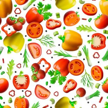 3D vector seamless background of fresh vegetables, pepper, tomato and greens Stock Illustration