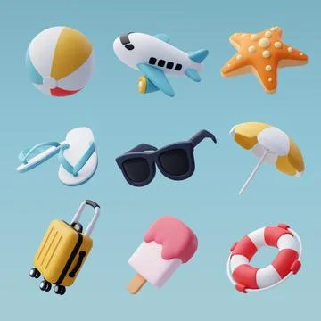 3d vector set of beach and sea, Summer Journey, Time to Travel Concept. Stock Illustration
