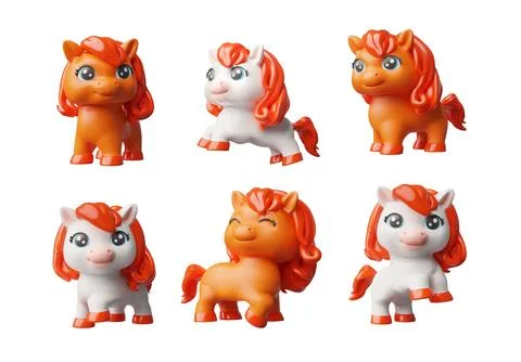 3D vector set of cartoon horses, fiery, white with red manes, from different Stock Illustration