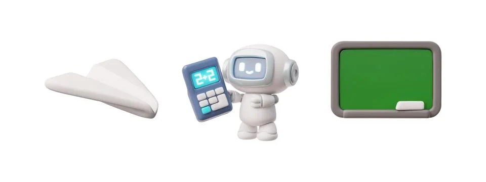 3D vector set, chatbot with calculator, school board, paper airplane. Online 스톡 일러스트