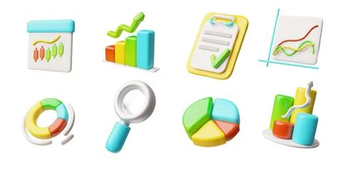 3D vector set, with different shaped graphs, magnifying glass, checklist Stock Illustration