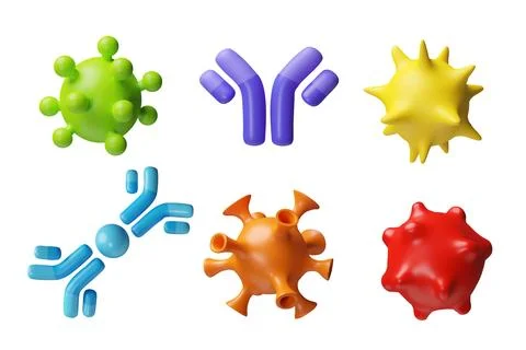 3D Vector set of different shapes and colors, round virus cells and Stock Illustration