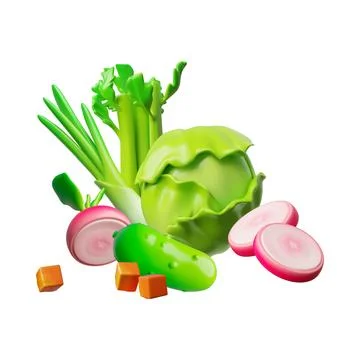 3d vector set of healthy vegetables, cabbage, cucumber, spinach, onion, radish Ilustración de archivo