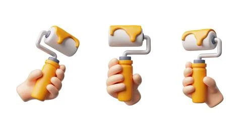 3d vector set of a human hand holding a paint roller with orange paint, view Stock Illustration