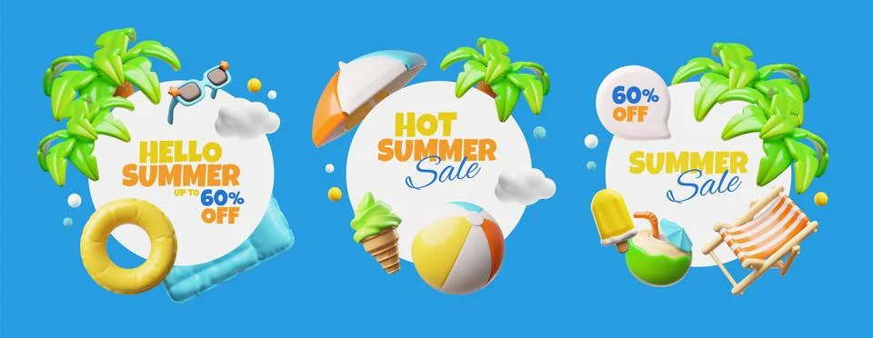 3D vector set of round frames with beach attributes, for seasonal hot discounts. Stock Illustration