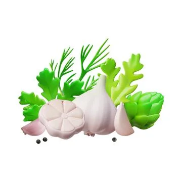3D vector set of spicy vegetables and greens, garlic, whole and half, asparagus Illustrazione stock