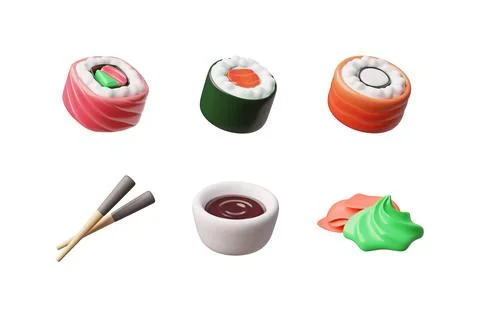 3D Vector set of sushi rolls with soy sauce, ginger, wasabi and food shelves. Stock Illustration