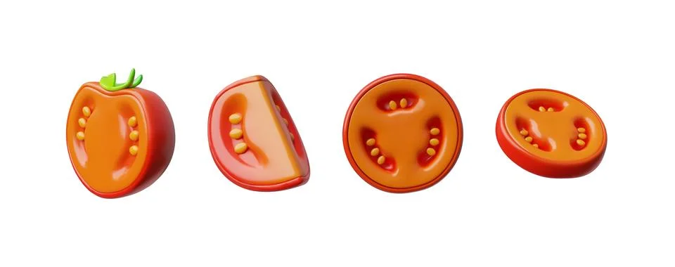 3D vector set of tomato halves and slices on isolated background. Stock Illustration