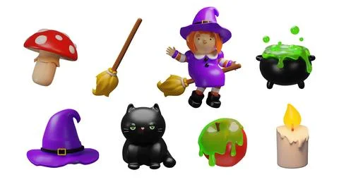 3D vector set with witch Stock Illustration