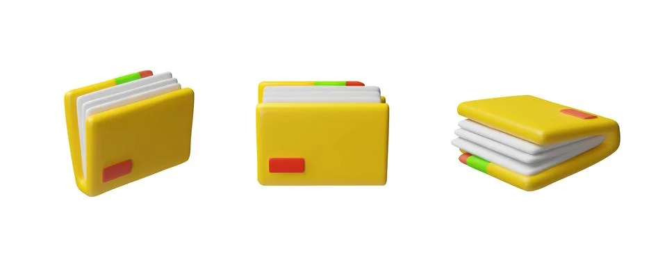 3D vector set of yellow folder icons with pieces of paper, from different sides. イラスト素材