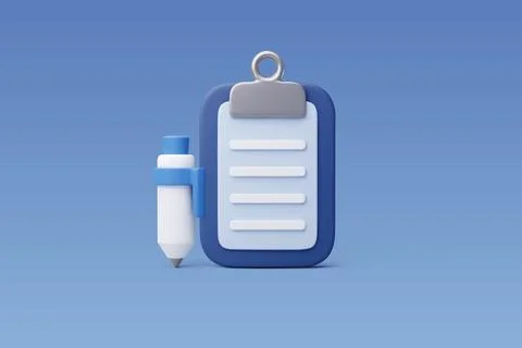 3d Vector Sheet of paper on clipboard with pen, Design for business concept. Stock Illustration