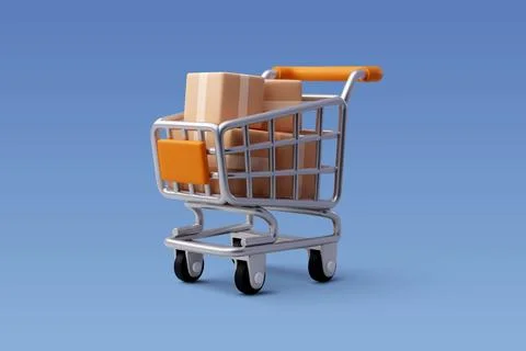 3d Vector Shopping Trolley with Parcel boxes, Shopping Online Concept. Stock Illustration