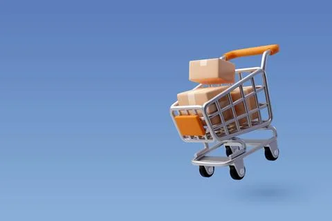 3d Vector Shopping Trolley with Parcel boxes, Shopping Online Concept. Stock Illustration
