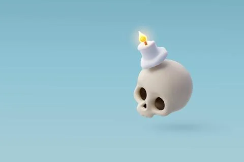 3d Vector Skull with burning candle, Halloween holiday concept. Stock Illustration