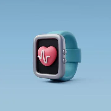 3d Vector Smart watch with red heart, Fitness bracelet, Sport equipment. Stock Illustration