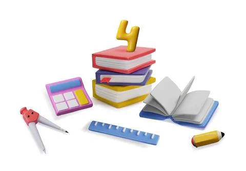 3d Vector stationery: book, calculator, notebook, ruler, pencil, compass, number Stock Illustration