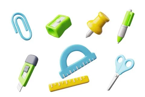 3D vector stationery set with paperclip, pen, knife, sharpener, scissors, tape Stock Illustration