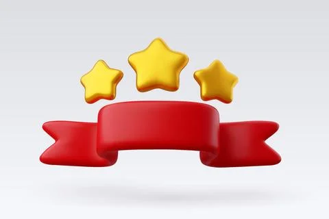 3d Vector Three star golden prize badge with red ribbon. Stock Illustration