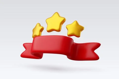 3d Vector Three star golden prize badge with red ribbon. Stock Illustration