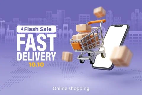 3d Vector of Trolley. Fast delivery and shipping on magenta town background. Stock Illustration